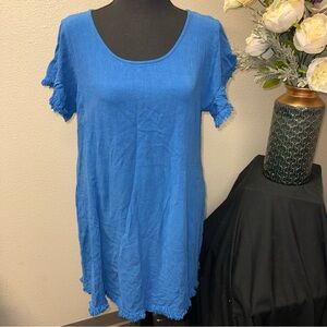 Umgee Blue Linen Blend Fringe Hem Shift Dress Boho Summer Casual XL